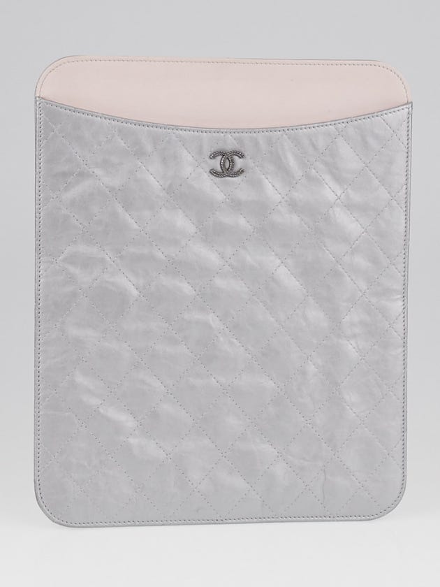 Chanel Silver Quilted Crinkled Calfskin Leather iPad Case