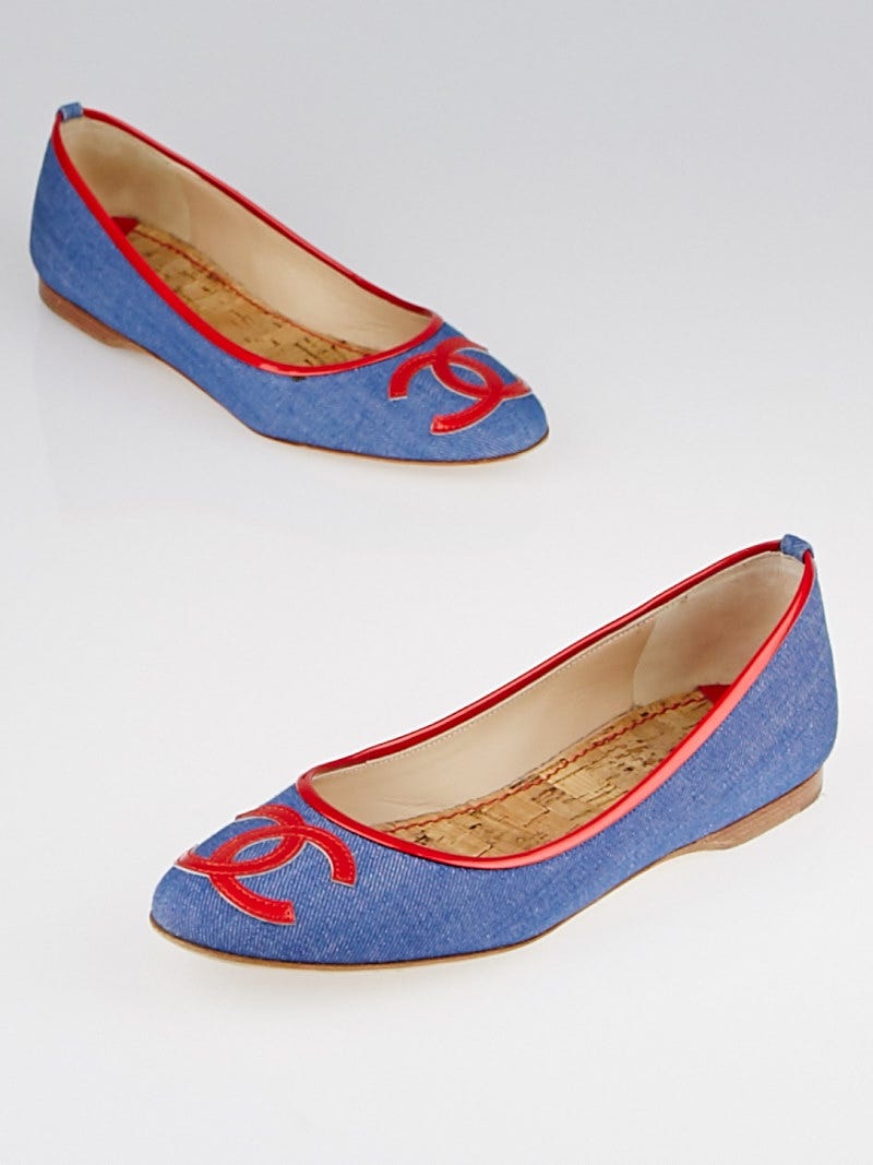 Chanel Blue Denim/Red Patent Leather CC Ballet Flats Size 6.5/37