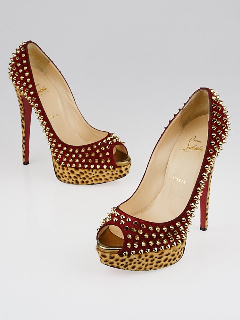 Christian Louboutin Red Suede Leopard Pony Hair Lady Peep Spikes
