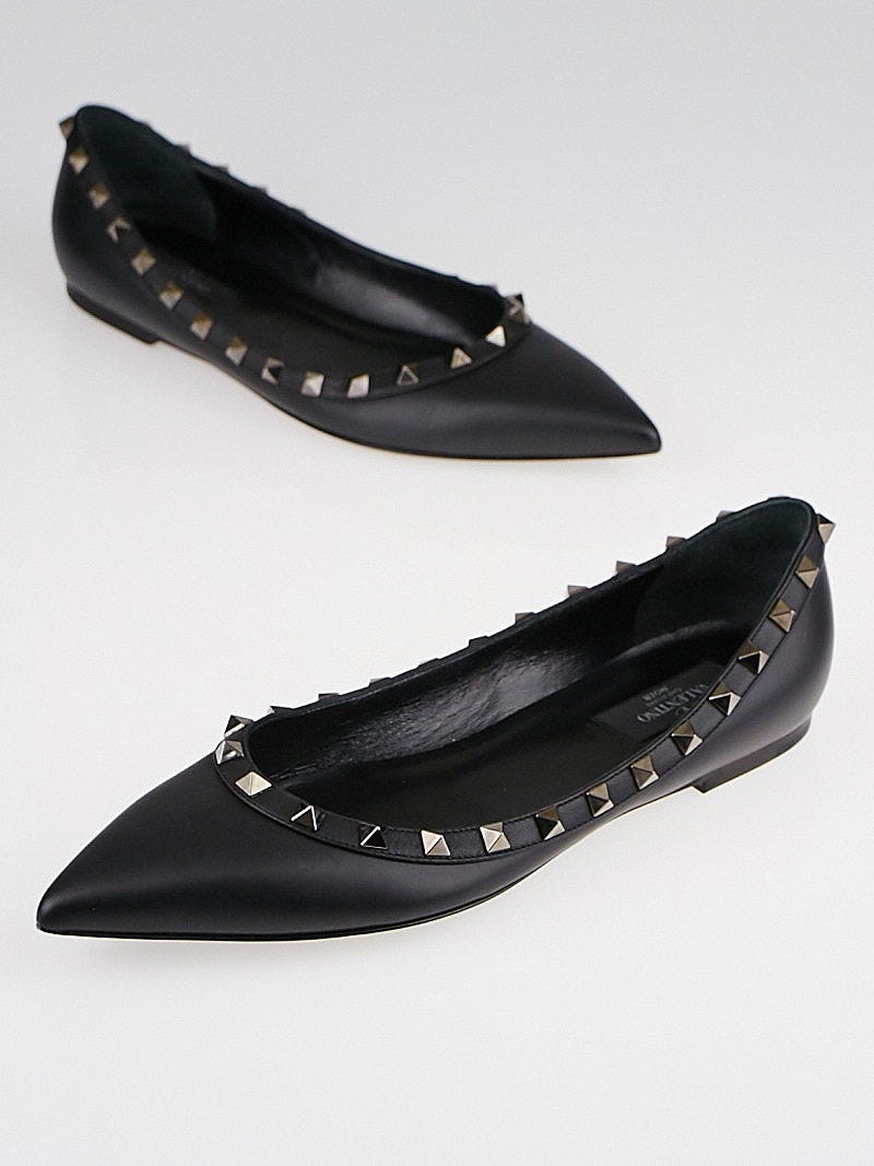 VALENTINO★BLACK LEATHER FLATS Valentino Black Nappa Leather Rockstud Flats Size 8.5/39