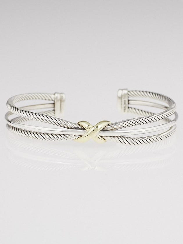 David Yurman Sterling Silver and 18k Gold Cable Crossover X Cuff Bracelet