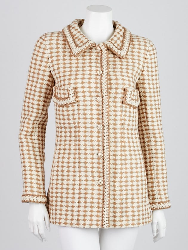 Chanel White/Beige Houndstooth Wool Blend Jacket Size 6/38
