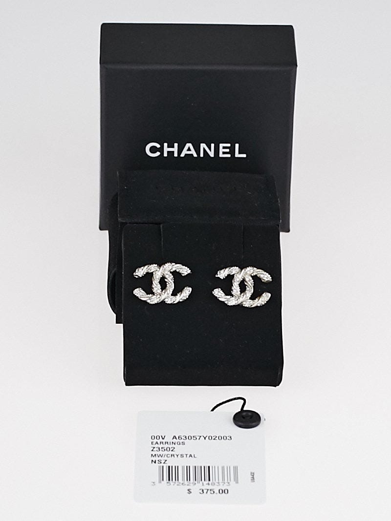 Chanel Silver Braided Metal and Crystal CC Stud Earrings - Yoogi's Closet
