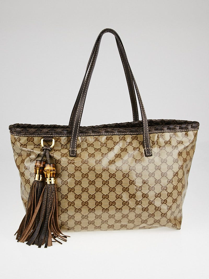 Gucci Beige Ebony GG Crystal Coated Canvas Bamboo Tassel Tote Bag Yoogi s Closet