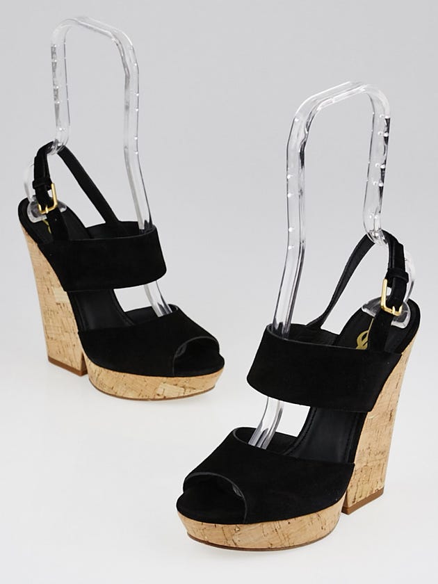 Yves Saint Laurent Black Suede and Cork Deauville Wedge Sandals Size 6.5/37