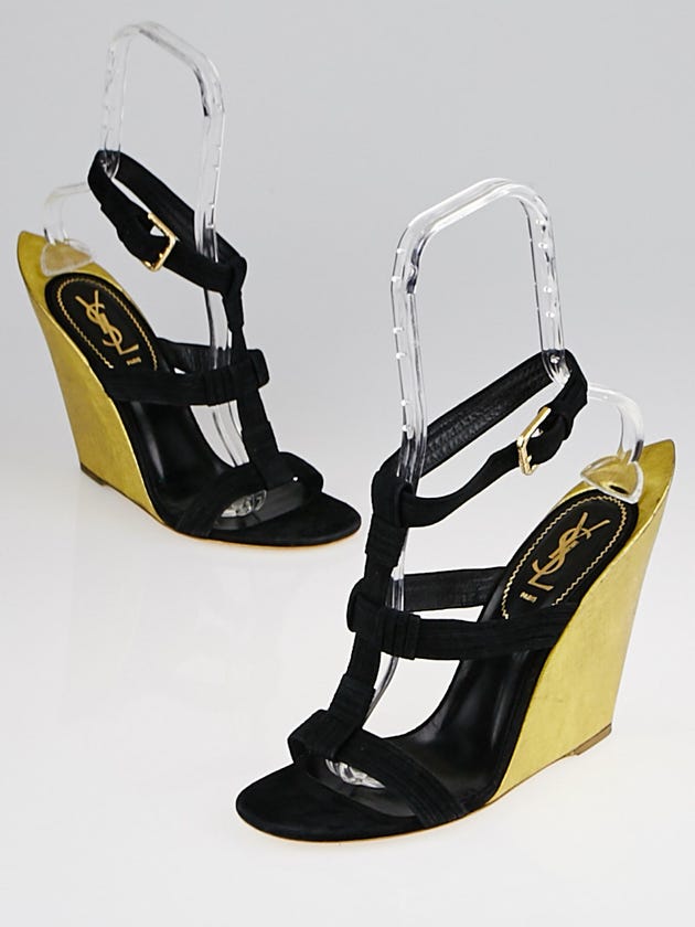 Yves Saint Laurent Black Suede Totem Wedge Sandals Size 8/38.5