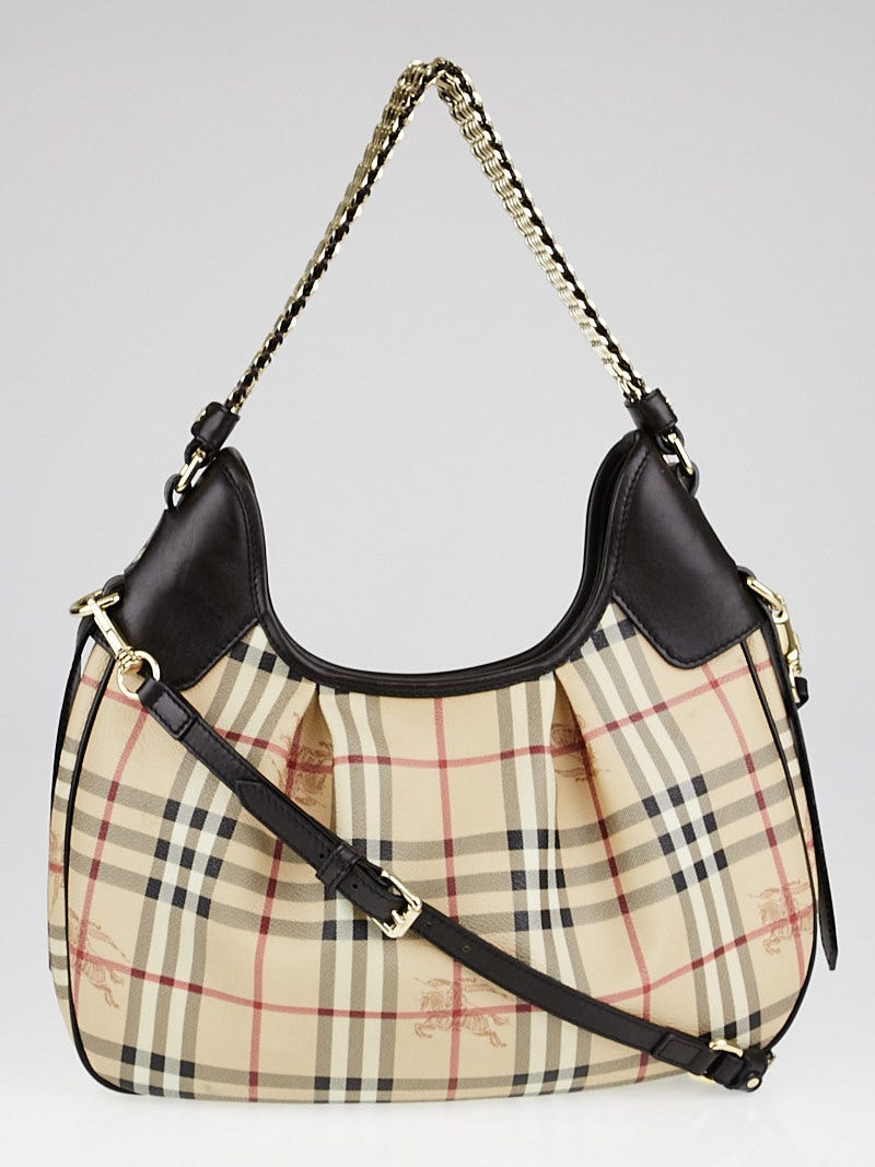 Burberry Chocolate Brown Leather Haymarket Check Coated Canvas Chain Strap Hobo  Bag - Yoogi's Closet