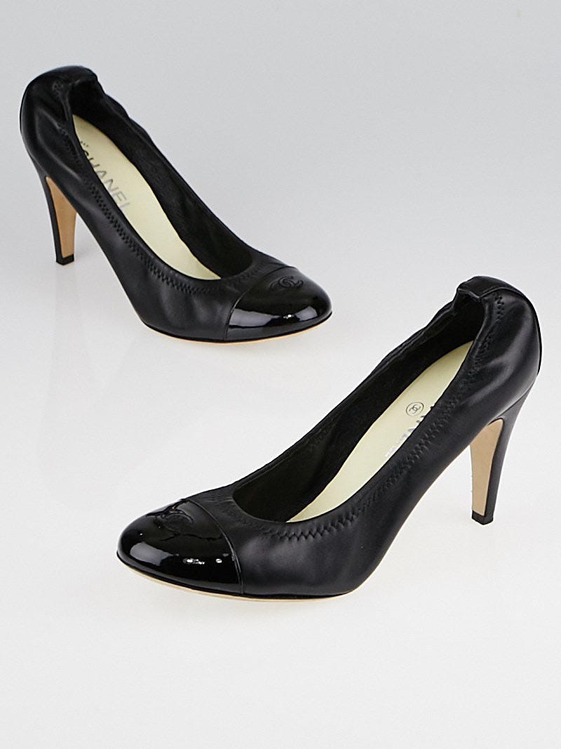 Chanel Black Leather Cap Toe Elastic Ballet Heels Size 10.5/41