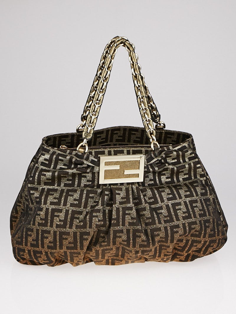 Fendi Vintage Handbag Zucca FF Totebag Canvas Tote Shopper Brown Gold FF