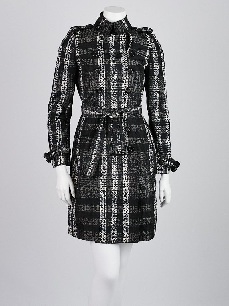 Burberry London Black/White Printed Check Polyester Trench Coat Size 2