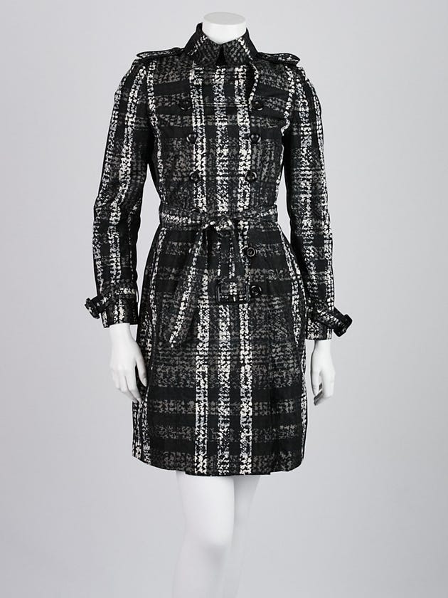 Burberry London Black/White Printed Check Polyester Trench Coat Size 2