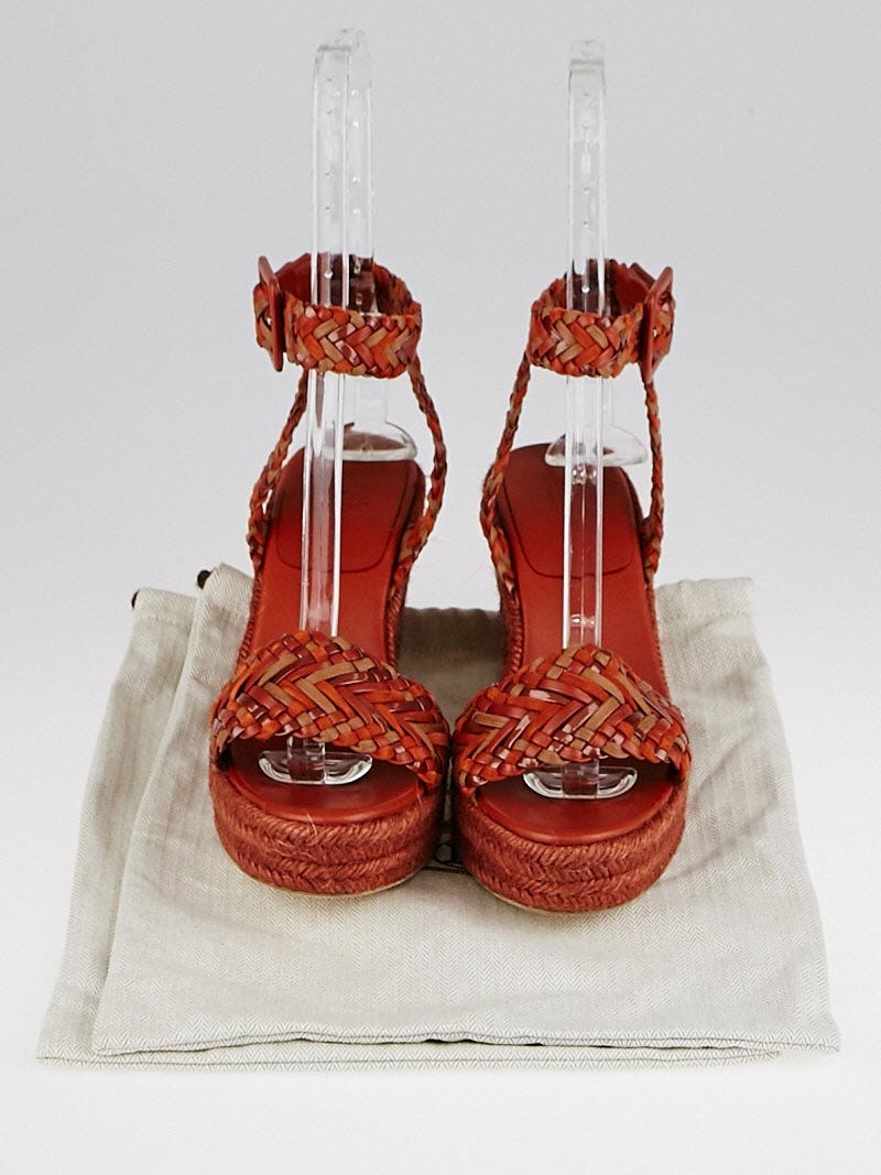 Hermes Orange Braided Leather Sofia Espadrille Wedges Size