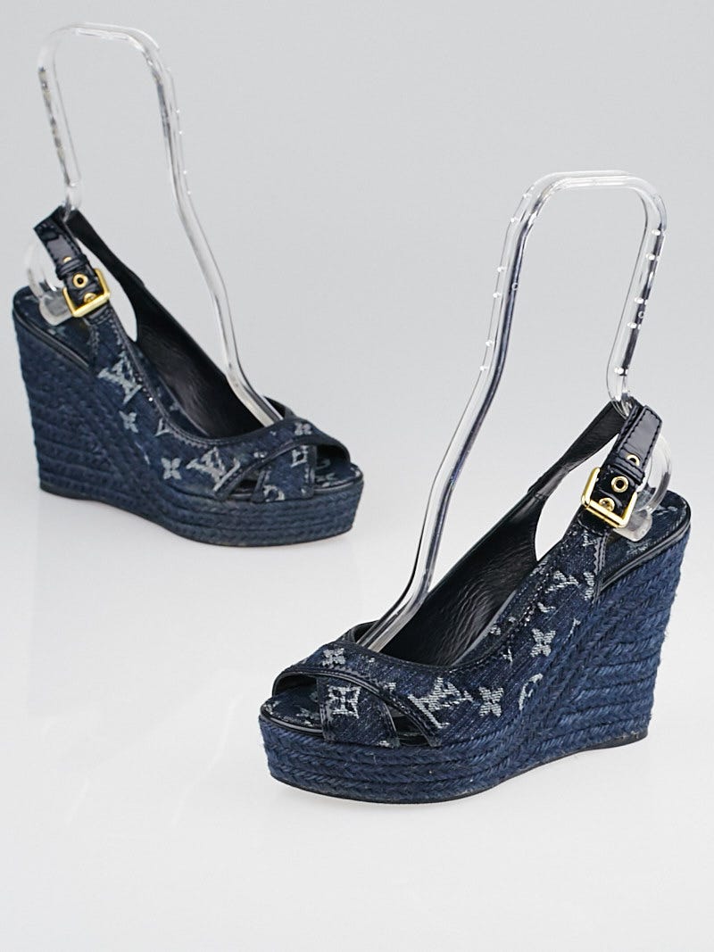 Louis Vuitton Blue Denim Wedge Sandals Size 10.5/41 - Yoogi's Closet