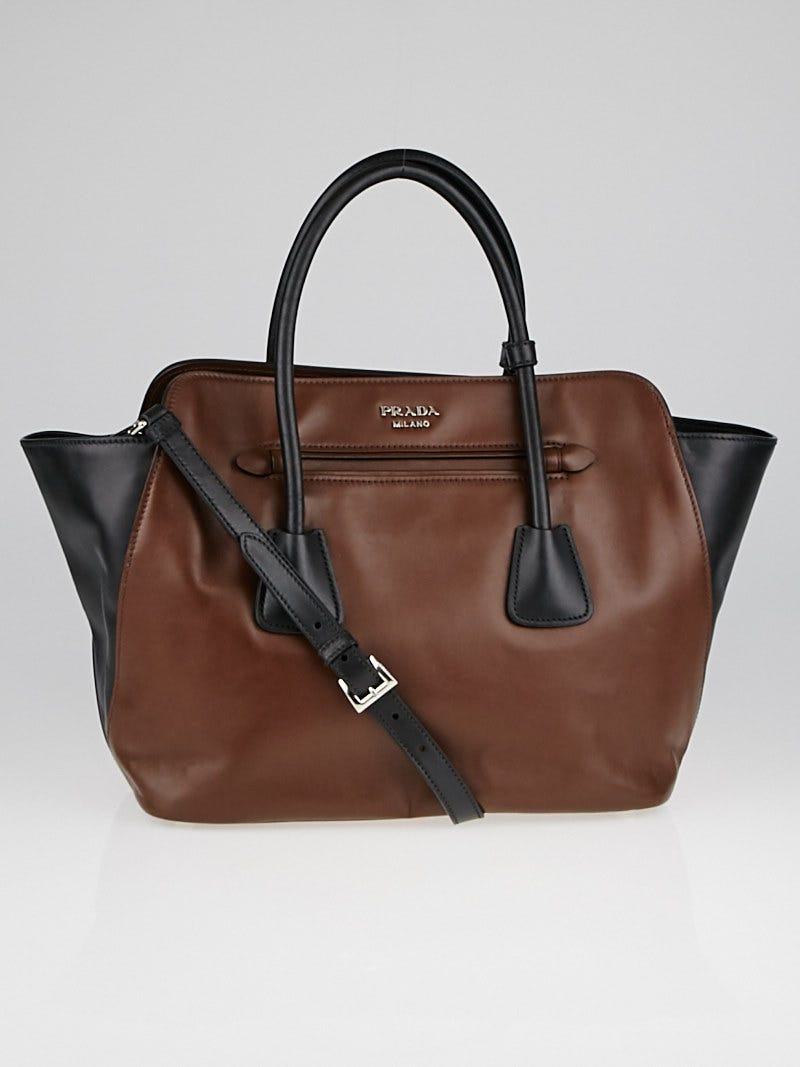 Prada Brown/Black Soft Calfskin Leather Shopping Tote Bag Prada Brown/Black Soft Calfskin Leather Shopping Tote Bag