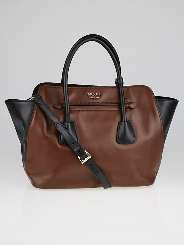 Prada Brown/Black Soft Calfskin Leather Shopping Tote Bag BN2611