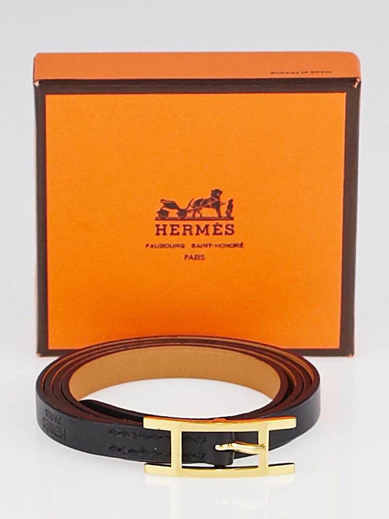 Hermes Black Chamonix Leather Gold Plated Hapi 3 MM Bracelet