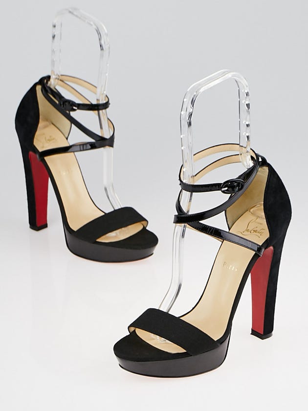 Christian Louboutin Black Canvas/Patent Leather/Suede Summerissima 140 Ankle Strap Platform Sandals Size 9/39.5
