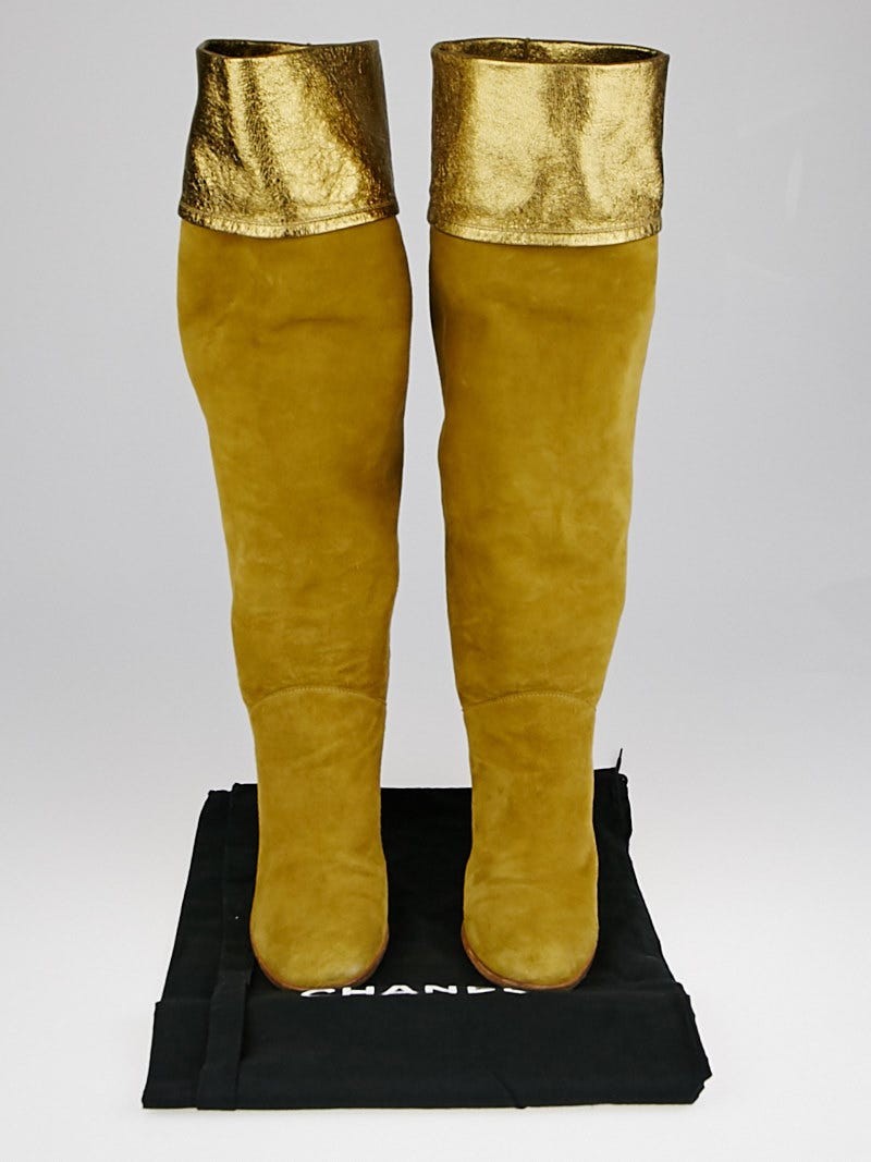 Chanel Gold Suede Silver Metallic Fold Knee-High Boots Size Chanel Gold Suede Silver Metallic Fold Knee-High Boots Size