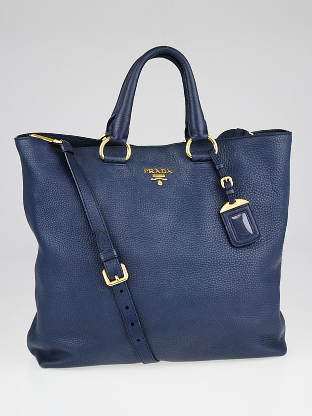 Prada Bluette Vitello Daino Leather Shopping Tote Bag