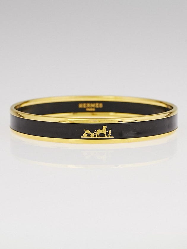 Hermes Black Enamel Gold Plated Caleche Narrow Bangle Bracelet Size 65