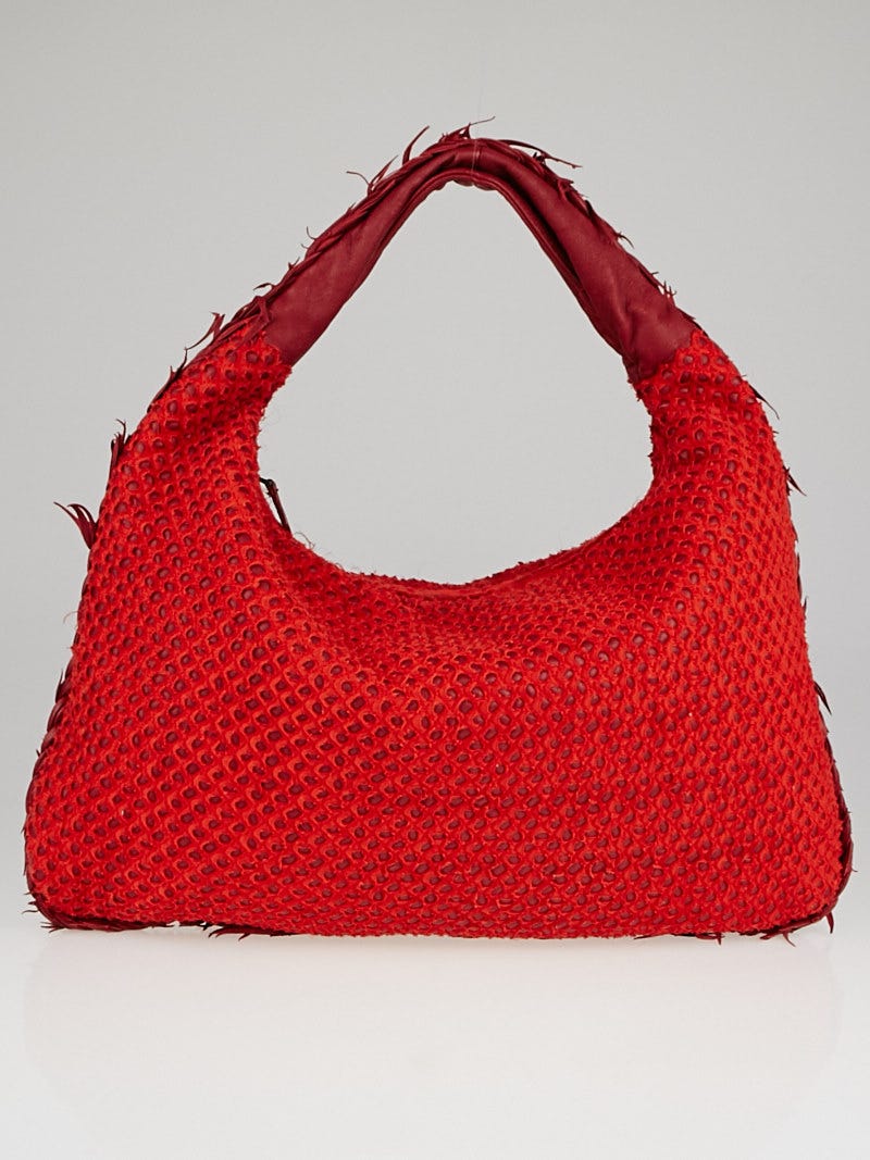 Bottega Veneta Red Nappa Leather and Silk Mini Ponza Quilted Large Hobo Bag