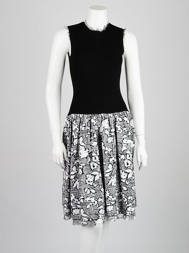 Oscar de la Renta Black/White Knit Etched Rose Dress Size XS