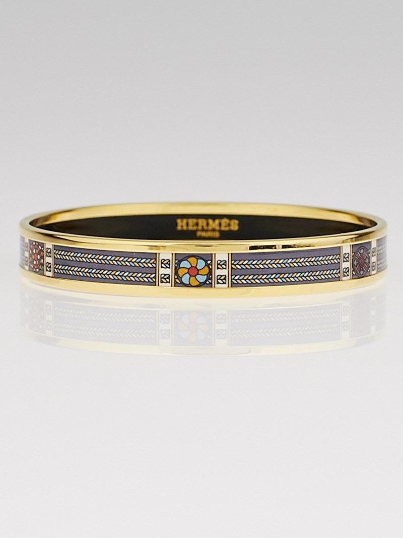 Hermes Blue Printed Enamel Gold Plated Bangle Bracelet Size 65