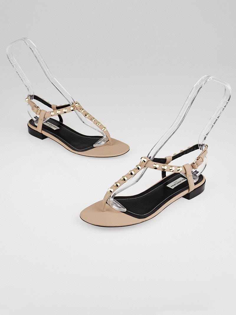 Balenciaga Light Pink Leather Studded T Strap Sandals Size 6.5 37 Yoogi s Closet
