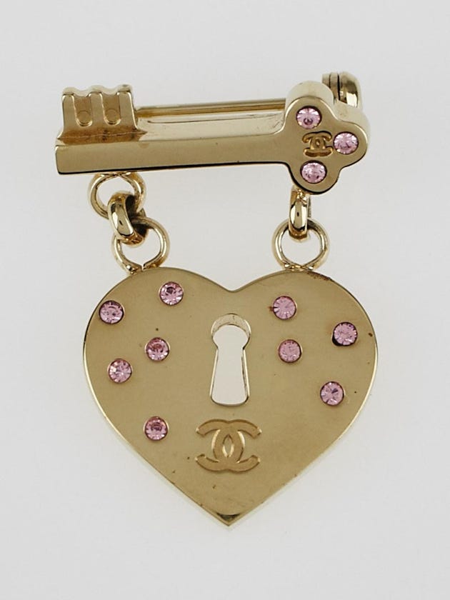 Chanel Goldtone and Crystals CC Dangling Heart Brooch