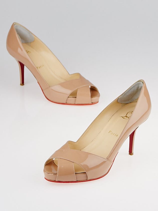 Christian Louboutin Nude Patent Leather Shelley 85 Peep Toe Pumps Size 6.5/37