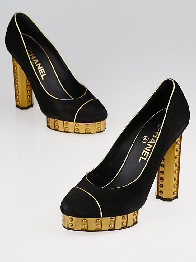 Chanel Black Suede and Gold Platform Pumps Size 5.5/36