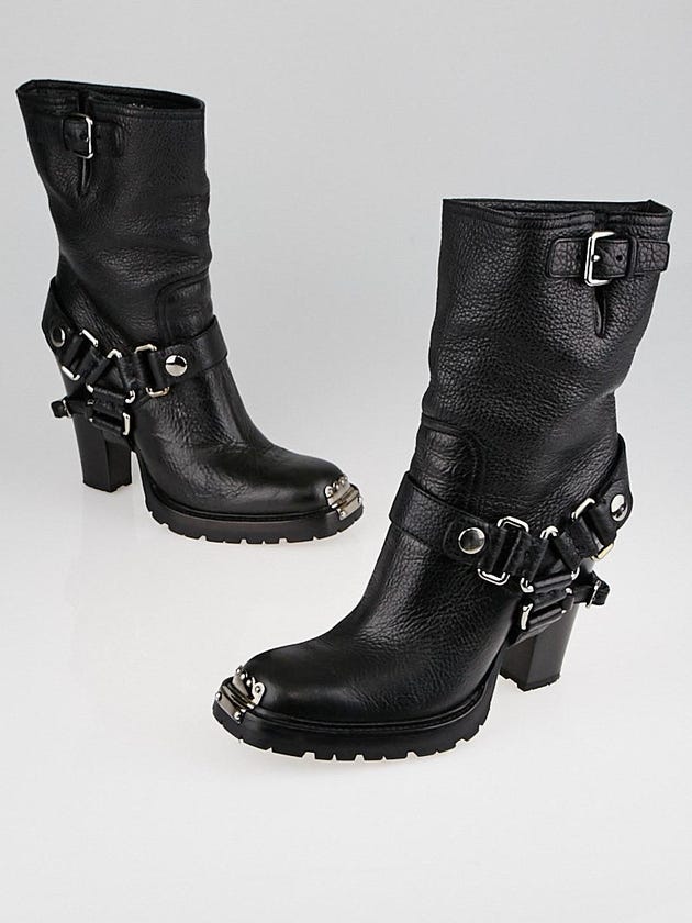 Miu Miu Black Pebbled Leather Plated Harness Boots Size 10.5/41