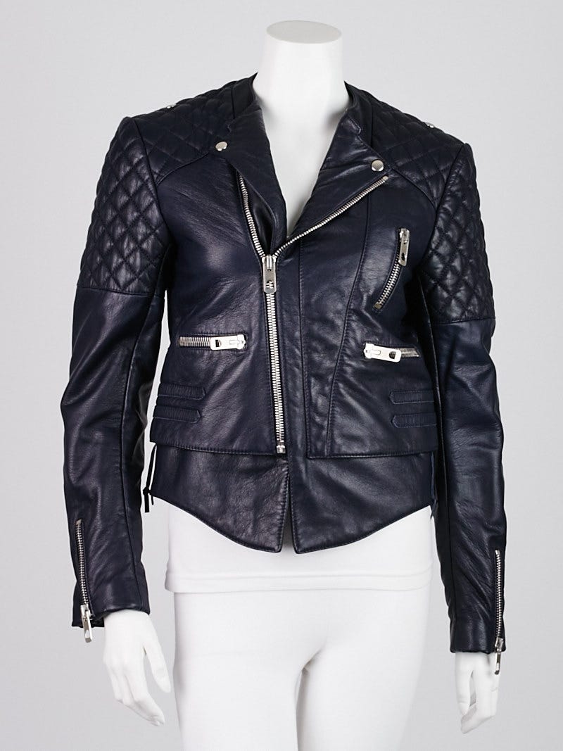 Balenciaga Navy Blue Quilted Lambskin Leather Biker Jacket Size 8 40 Yoogi s Closet