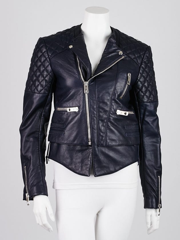 Balenciaga Navy Blue Quilted Lambskin Leather Biker Jacket Size 8/40