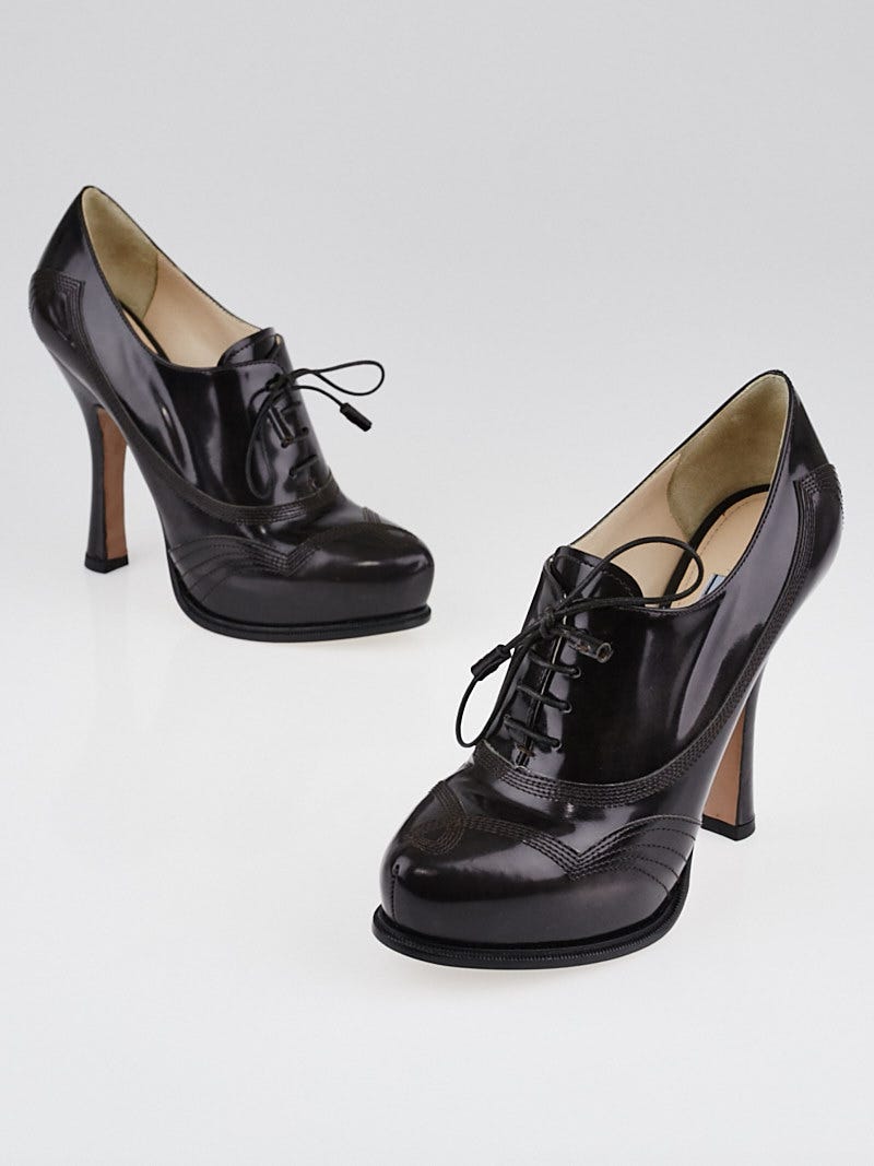 Prada Brown Patent Leather Lace Up Oxford Booties Size 6 36.5