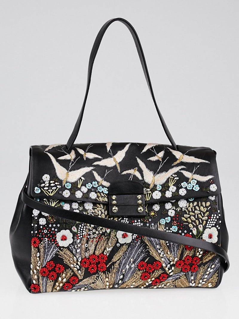 Valentino Black Leather Beaded Garden Couture Single Handle Bag Yoogi s Closet