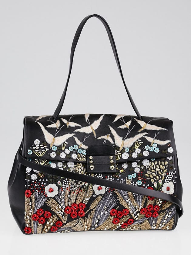 Valentino Black Leather Beaded Garden Couture Single Handle Bag