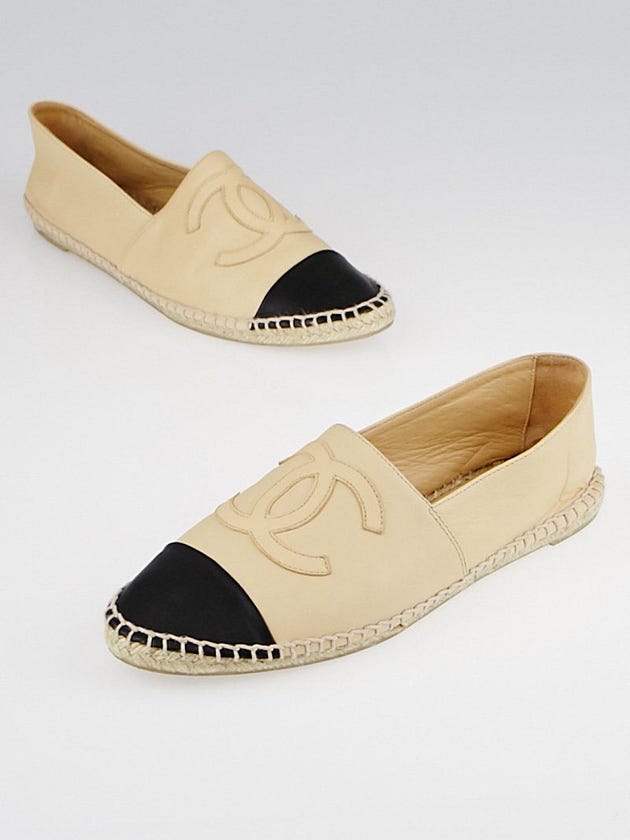 Chanel Beige/Black Leather CC Espadrille Flats Size 8.5/39