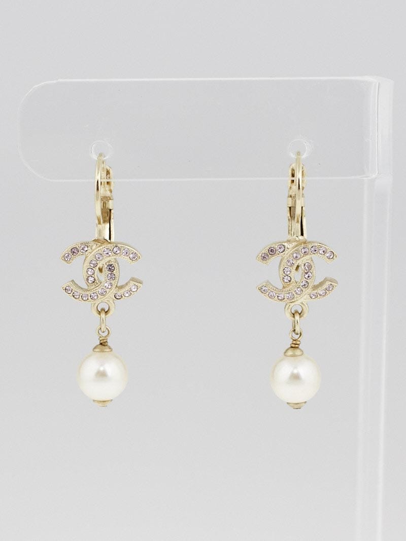 Chanel Goldtone Metal and Crystals CC Faux Pearl Dangling Earrings - Yoogi's  Closet