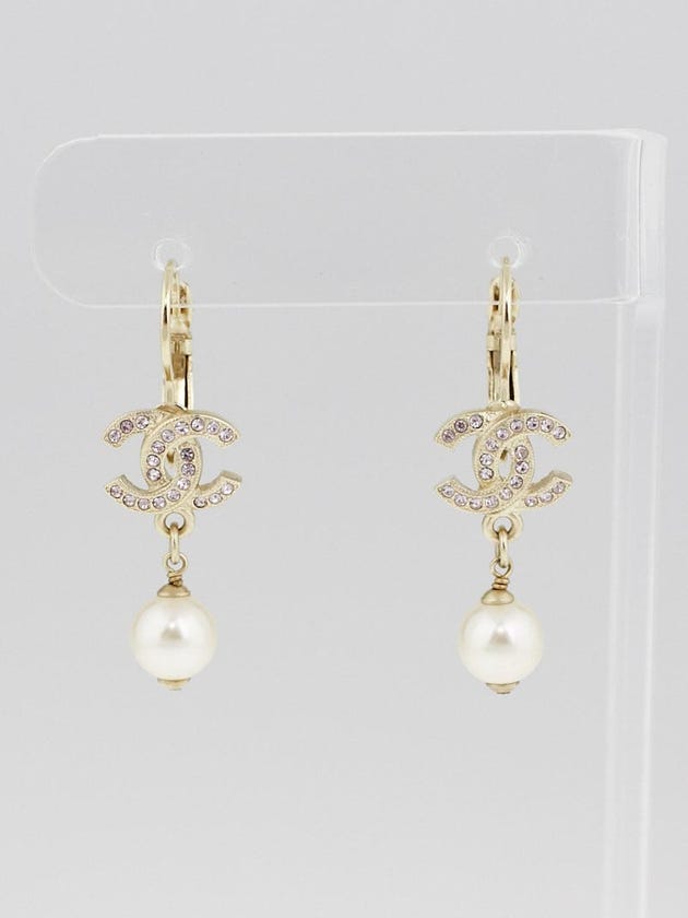 Chanel Goldtone Metal and Crystals CC Faux Pearl Dangling Earrings