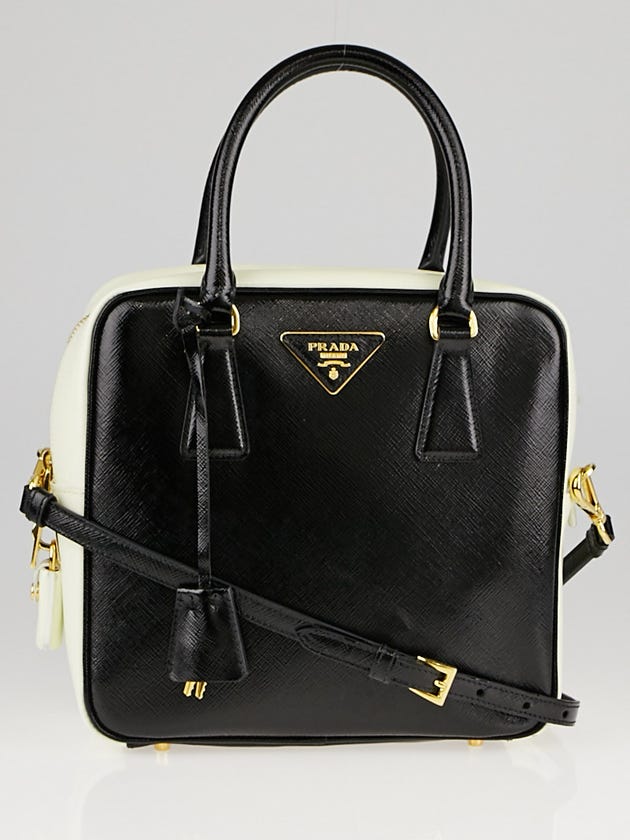 Prada Black/White Saffiano Vernice Leather Bauletto Bag BL0864