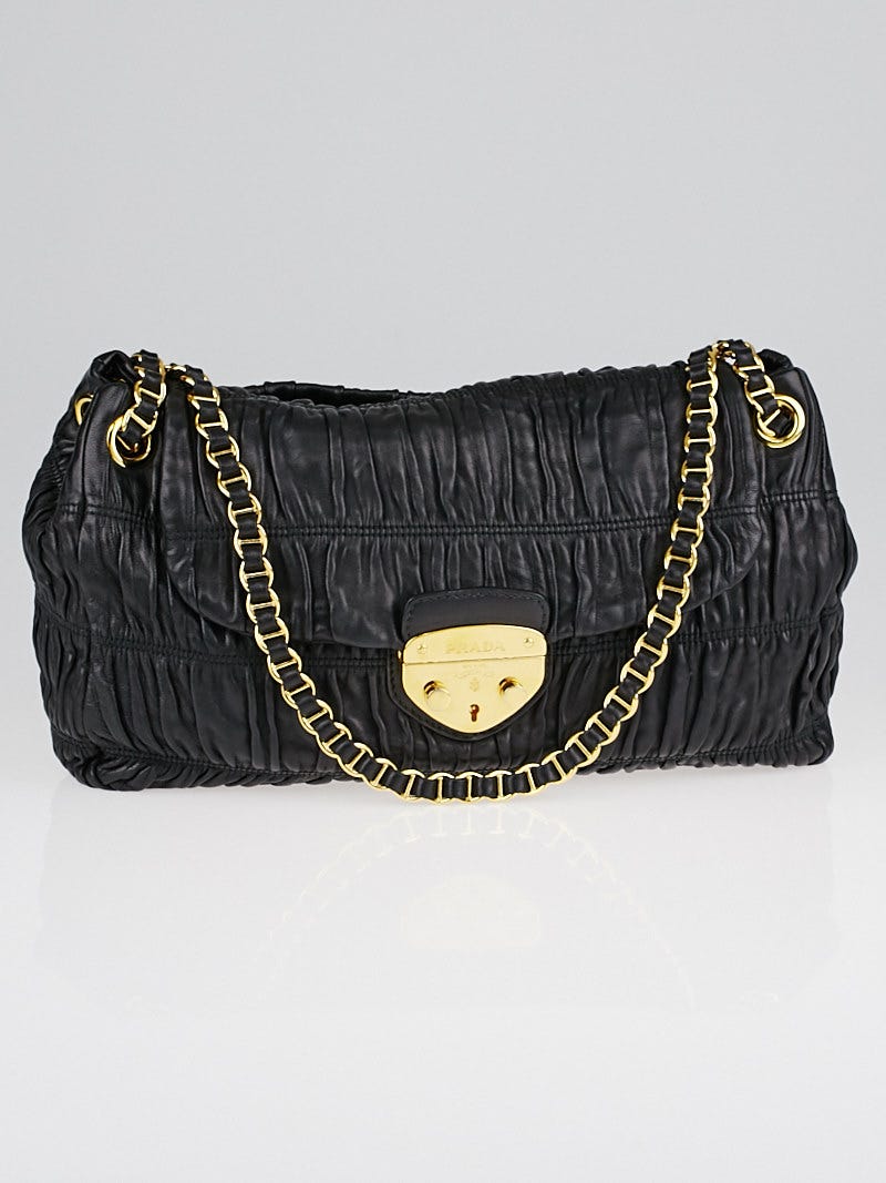 Prada Black Nappa Leather Gaufre Ruched Flap Shoulder Bag