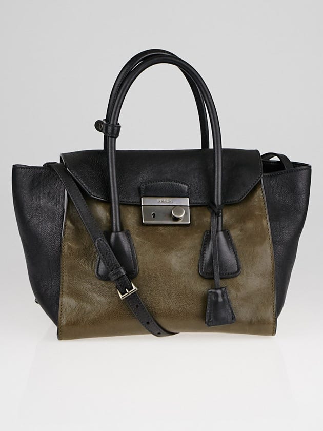 Prada Militare/Black Glace Calf Leather Double Handle Tote Bag BN2665