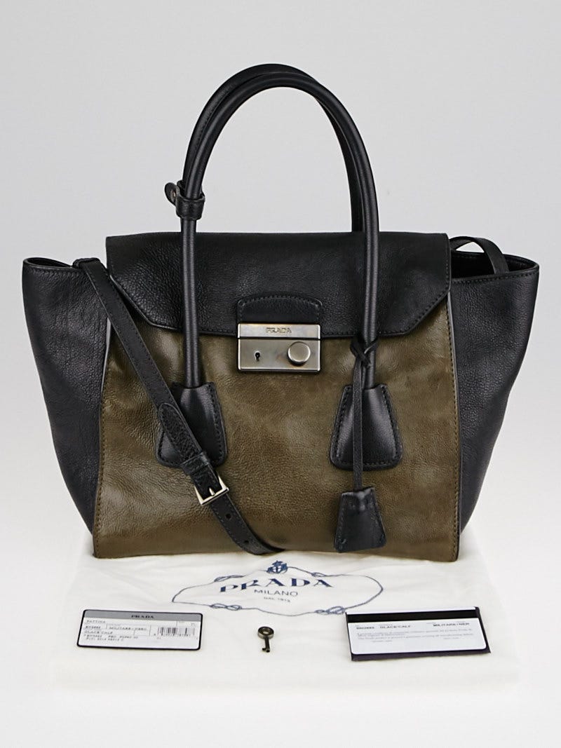 Prada Militare/Black Glace Calf Leather Double Handle Tote Bag