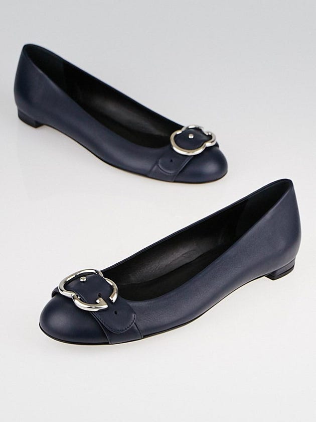Gucci Blue Leather Interlocking G Buckle Flats Size 7.5/38