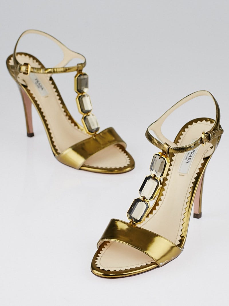 Prada Bronze Lame Leather Jeweled T Strap Sandals Size 6.5 37