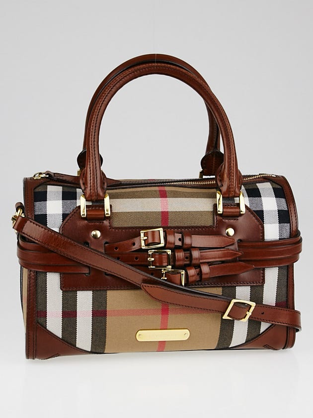 Burberry Brown Leather Bridle House Check Canvas Chester Bowling Bag
