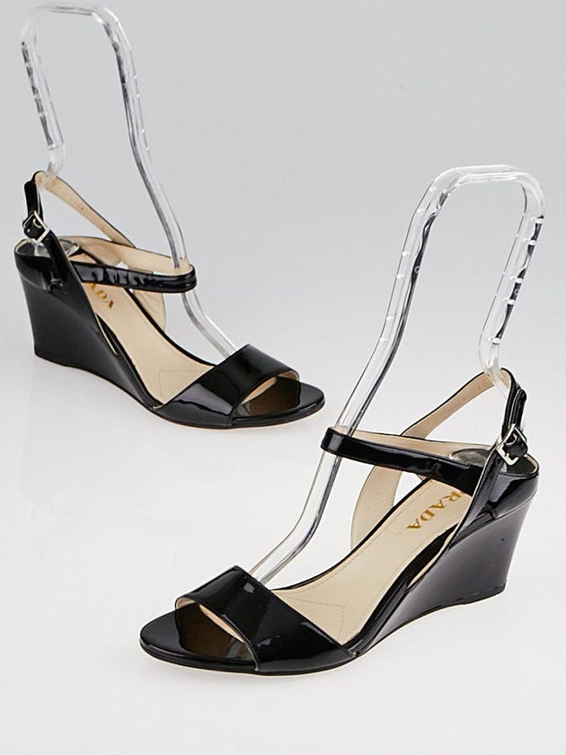 Prada Black Patent Leather Ankle-Strap Wedge Sandals Size 8/38.5