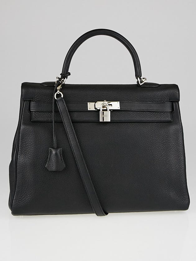 Hermes 35cm Black Clemence Leather Palladium Plated Kelly Retourne Bag