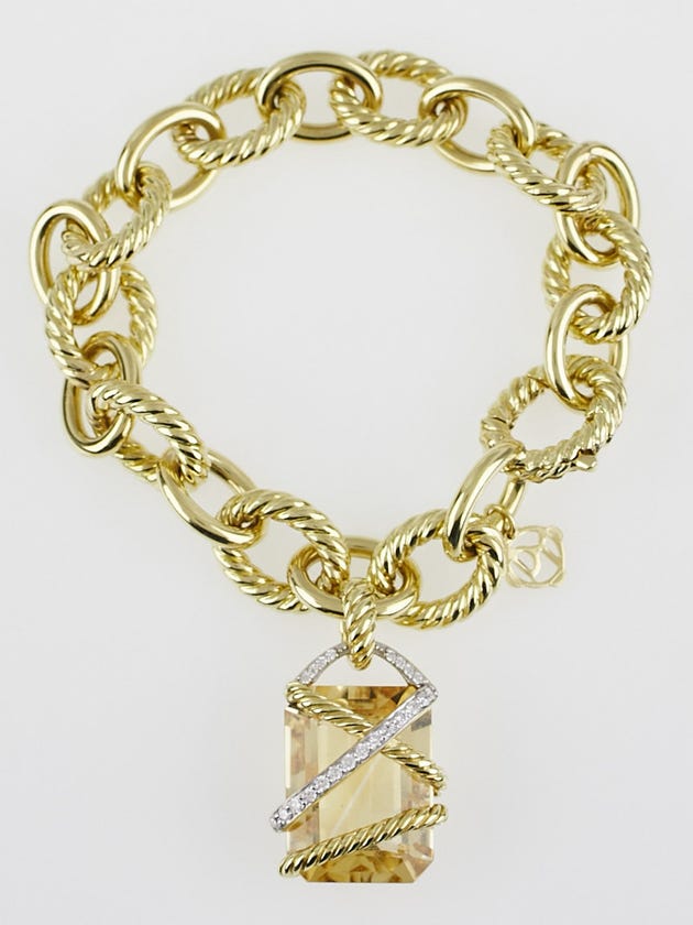 David Yurman 18 Gold Large Oval Link Bracelet w/ Champagne Citrine Cable Wrap Pendant